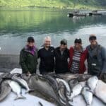 Happy guests at Kodiak Raspberry Island with halibut catch